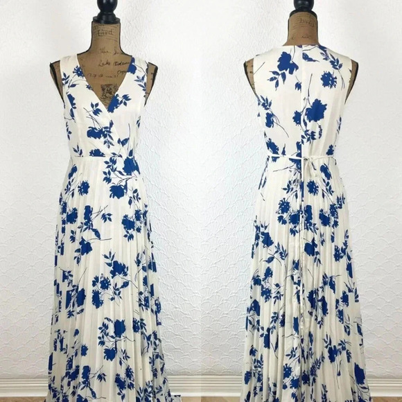 Size S - Lulus Lindsie Blue and White Floral Print Pleated Wrap Maxi Dress - Picture 3 of 9